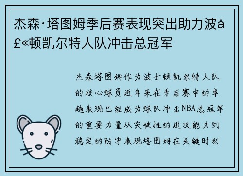 杰森·塔图姆季后赛表现突出助力波士顿凯尔特人队冲击总冠军