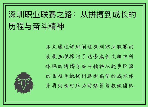 深圳职业联赛之路：从拼搏到成长的历程与奋斗精神
